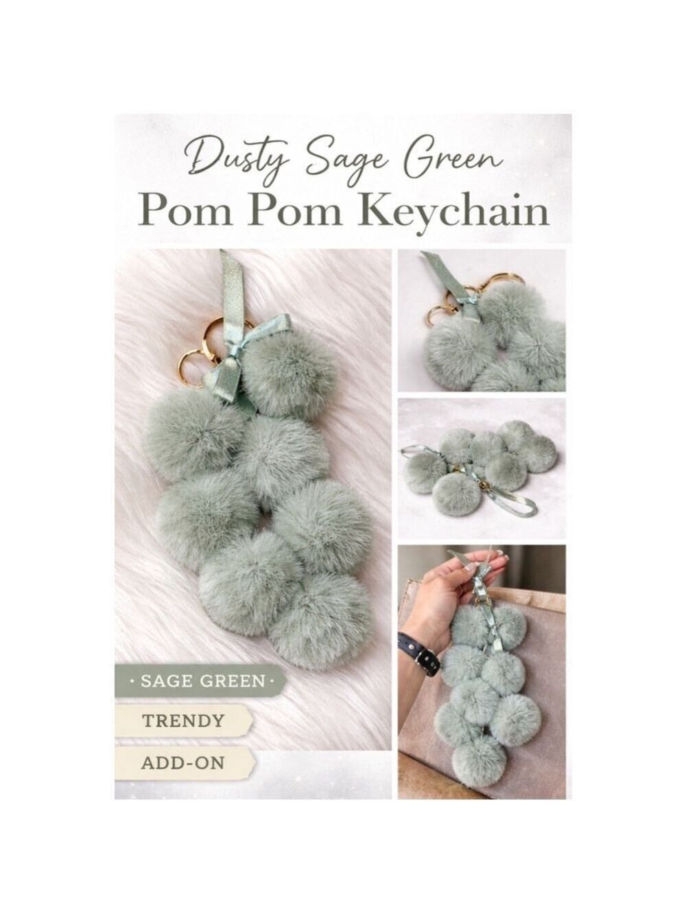 Dusty Sage Green Pom Pom Keychain Charm Plush Bag Accessory Gold Clip